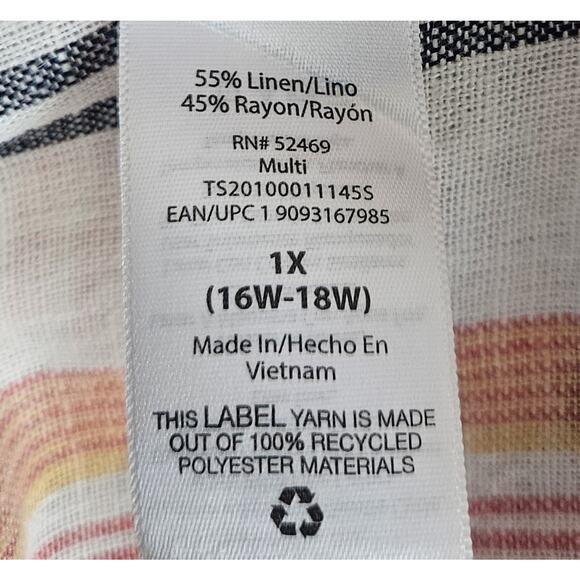 TERRA & SKY Plus 1X Tunic Tank Top Linen Blend Buttons Striped 1" Straps 44" - Picture 6 of 6